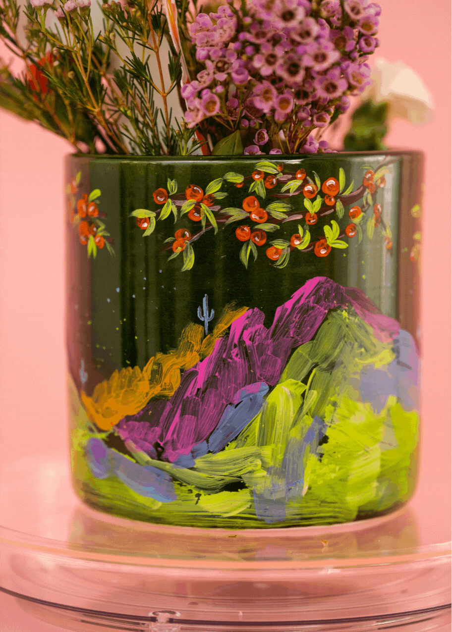 Orange Grove Over the Twilight Mountain Saguaro Green Vase — Pink